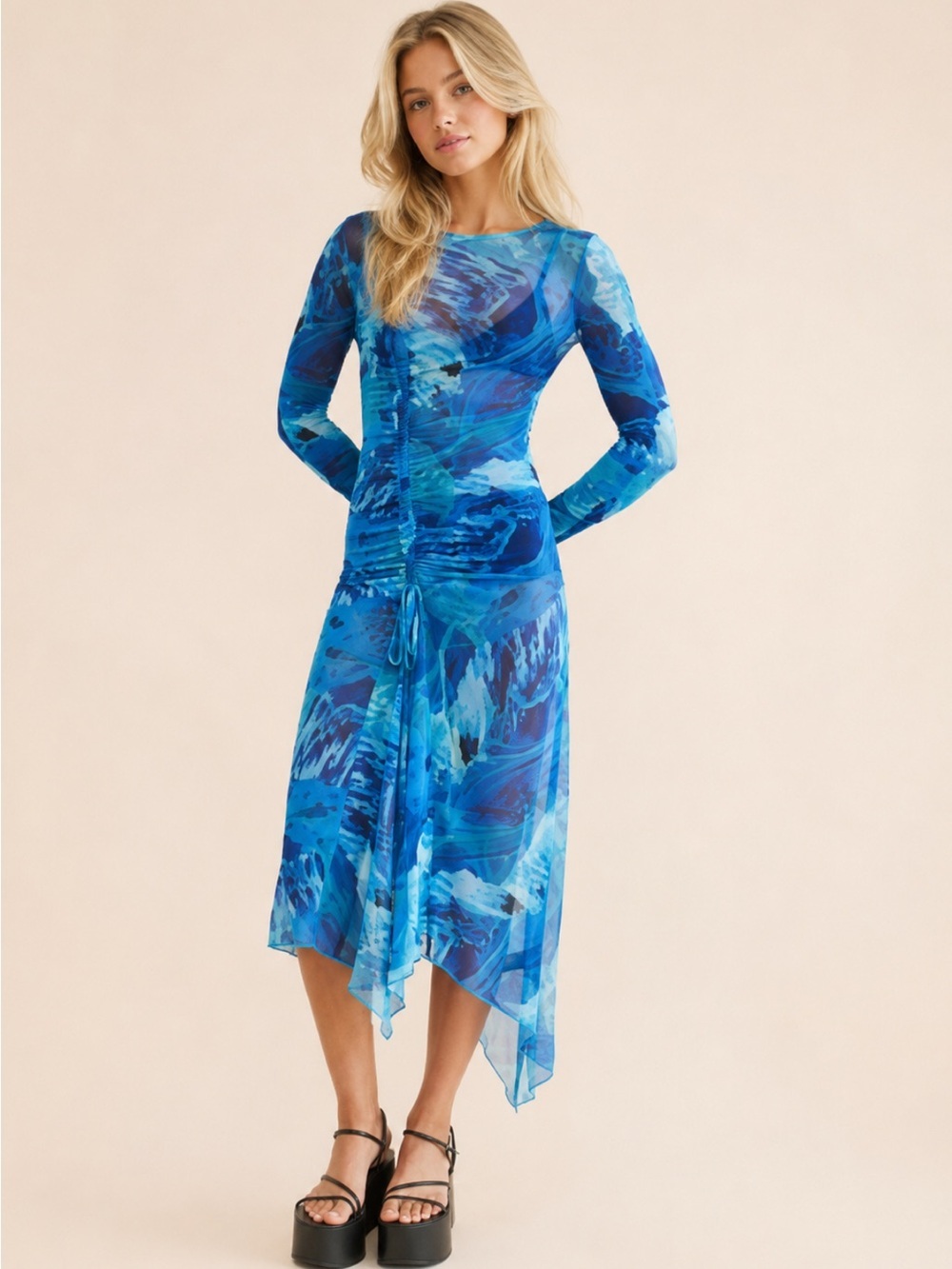 Oval Square Blue Sea Mesh Ruched Midi Dress Size XS 36788